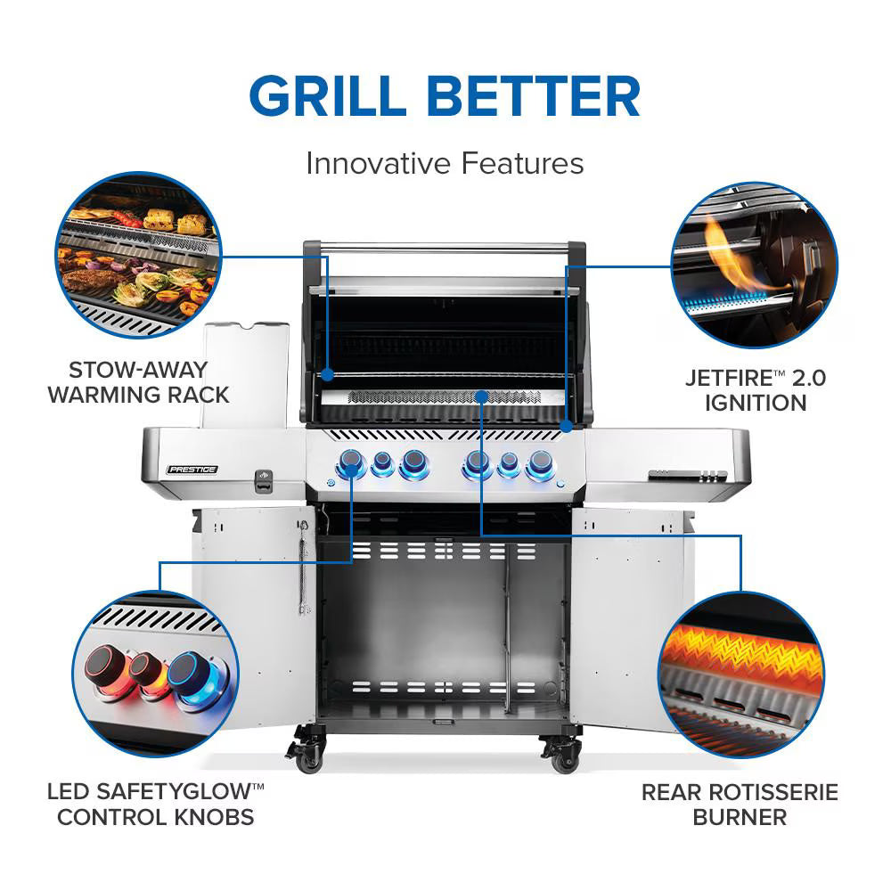 Napoleon Prestige 500 Propane Gas Grill, 4-Burner with Rotisserie Kit and Infrared Side Burner, Stainless Steel (P500VRSIBPSS)