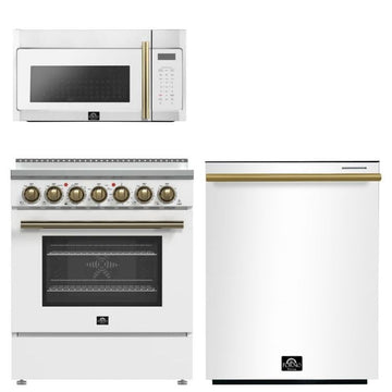 FORNO Paolo Package - 30" Electric Range, Over-The-Range Microwave and Dishwasher in White with Antique Brass Accents, AP3-6011WHT-A10