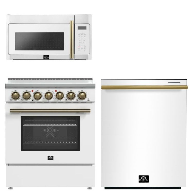 FORNO Paolo Package - 30" Electric Range, Over-The-Range Microwave and Dishwasher in White with Antique Brass Accents, AP3-6011WHT-A10