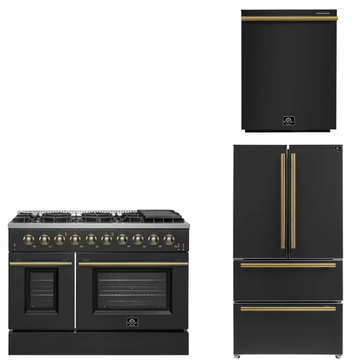 FORNO Appliance Package - 48" Gas Range, 36" Refrigerator, Dishwasher in Black with Antique Brass Accents