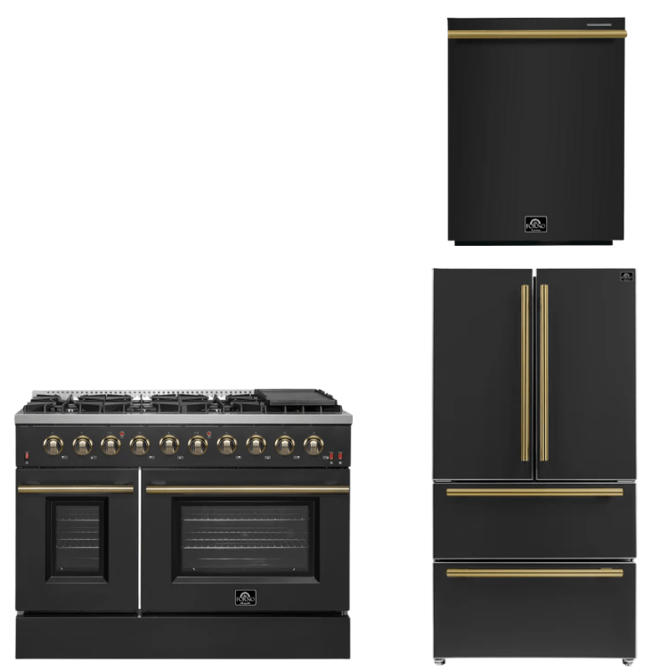 FORNO Appliance Package - 48" Gas Range, 36" Refrigerator, Dishwasher in Black with Antique Brass Accents