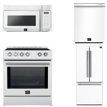 FORNO Espresso Package - 30" Induction Range, Over-The-Range Microwave, 30" Refrigerator with Ice Maker and Dishwasher in White with Stainless Steel Accents, AP4-0982WHT-S13