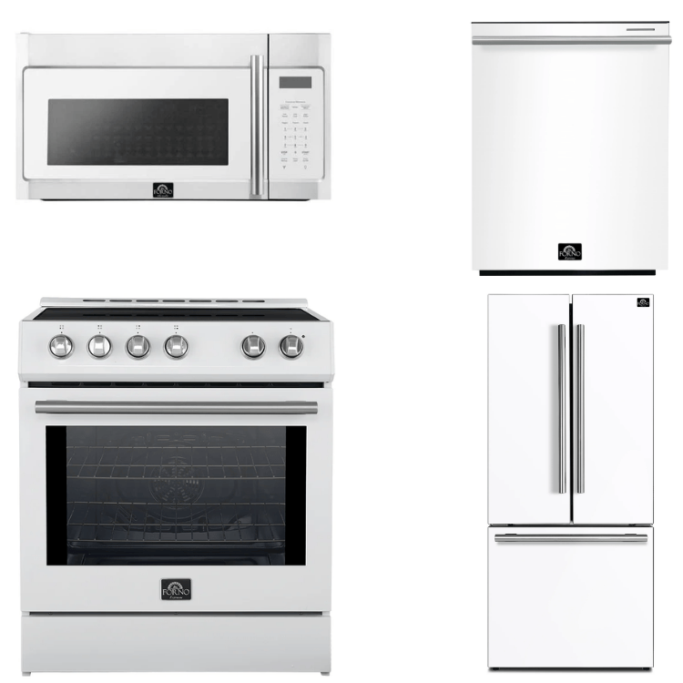 FORNO Espresso Package - 30" Induction Range, Over-The-Range Microwave, 30" Refrigerator with Ice Maker and Dishwasher in White with Stainless Steel Accents, AP4-0982WHT-S13