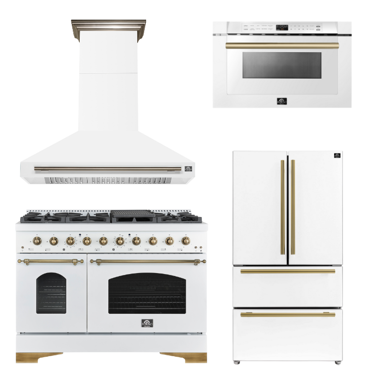 FORNO Espresso Package - 48" Dual Fuel Range, Range Hood, 36" Refrigerator, Microwave in White with Antique Brass Accents