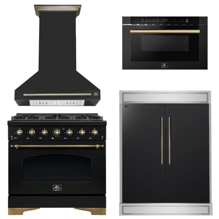 FORNO Espresso Package - 36" Gas Range, Range Hood, 60" Refrigerator, Microwave in Black with Antique Brass Accents