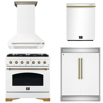 FORNO Espresso Package - 36" Gas Range, Range Hood, 60" Refrigerator, Dishwasher in White with Antique Brass Accents
