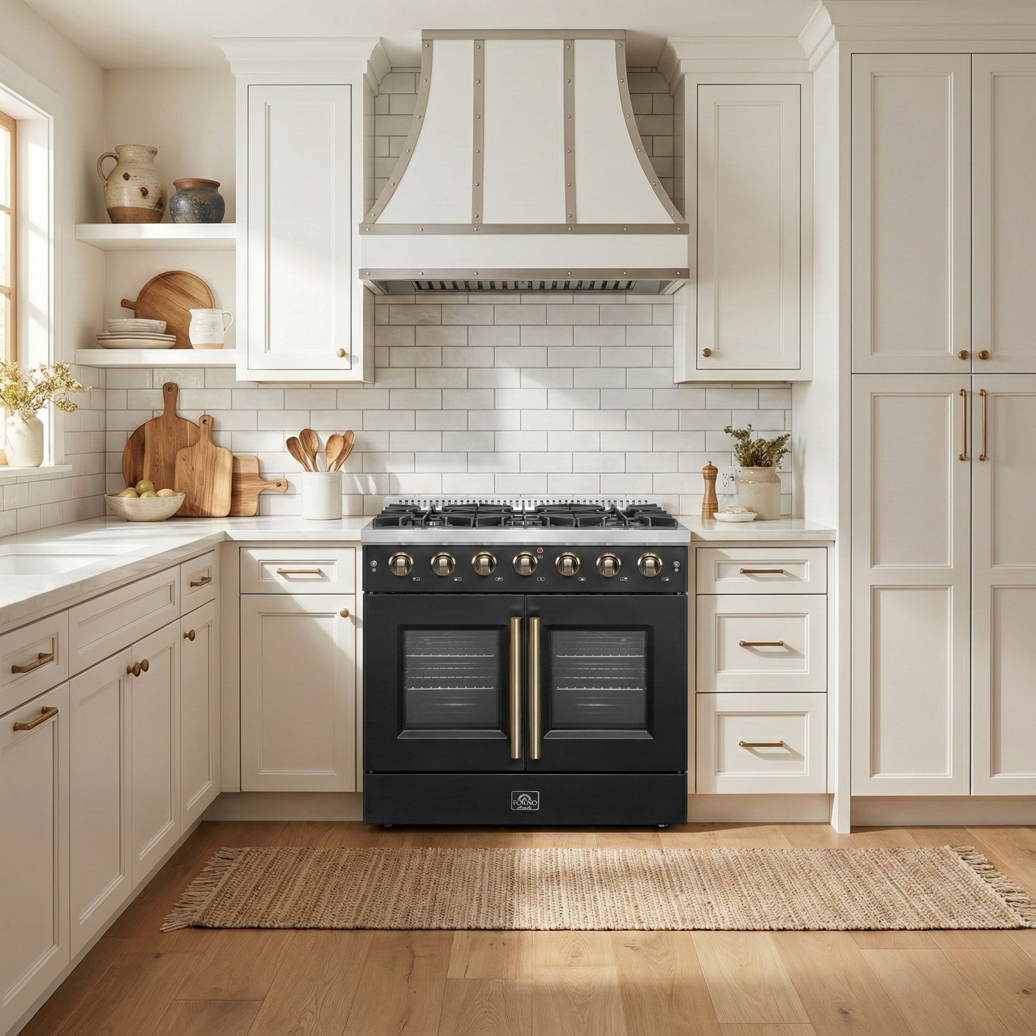 Forno Galiano 36-Inch French Door Gas Range, 5.36 cu. ft. Oven, 6 Sealed Burners, Black with Antique Brass Accents (Model FFSGS6444-36BLK)