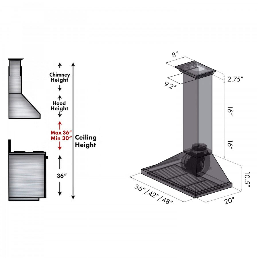 ZLINE 42 in. Wall Mount Range Hood Stainless Steel 400 CFM CrownSound Bluetooth Speakers (KL2CRN-BT-42)