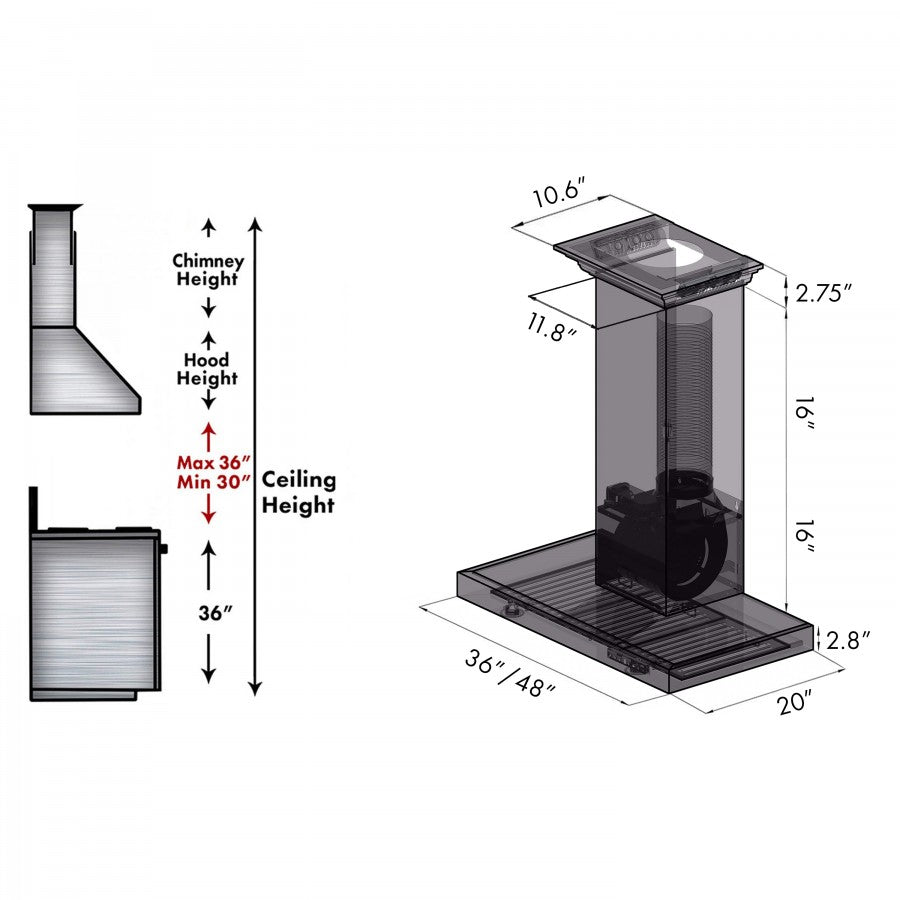 ZLINE 48 in Wall Mount Range Hood Stainless Steel 400 CFM CrownSound Bluetooth Speakers (KECRN-BT-48)