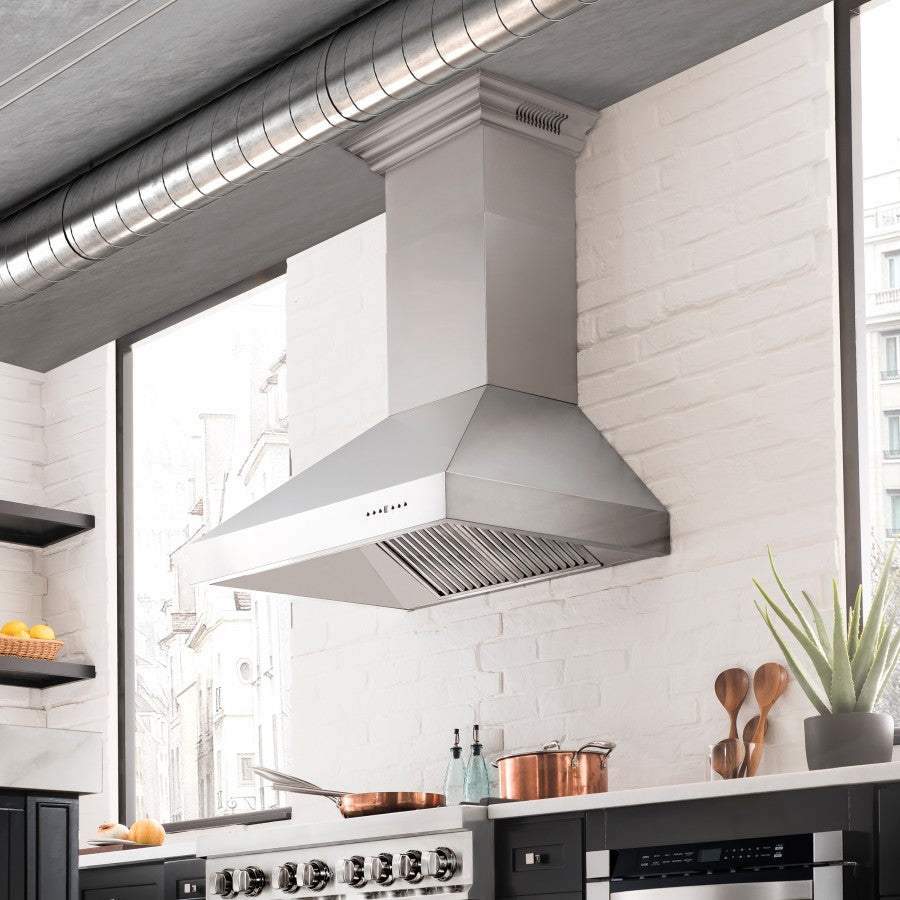 ZLINE 30 in. Wall Mount Range Hood, Stainless Steel, 400 CFM, 4-Speed Fan, CrownSound® Bluetooth Speakers (697CRN-BT-30)