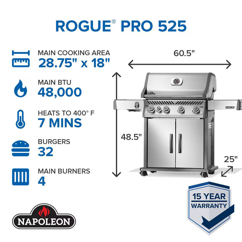 Napoleon Rogue PRO 525 4-Burner Propane Gas Grill with Infrared Side Burner, Stainless Steel (RP525SIBPSS-2)