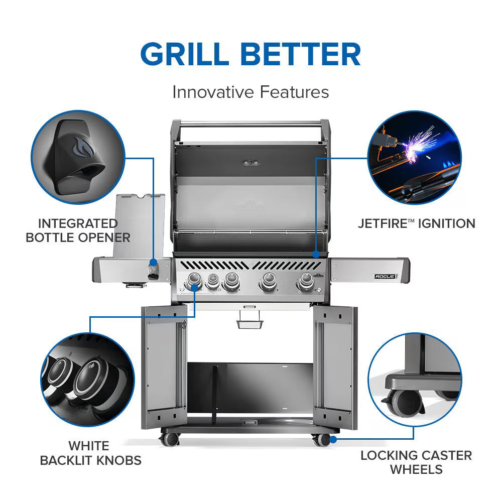 Napoleon Rogue PRO 525 4-Burner Propane Gas Grill with Infrared Side Burner, Stainless Steel (RP525SIBPSS-2)
