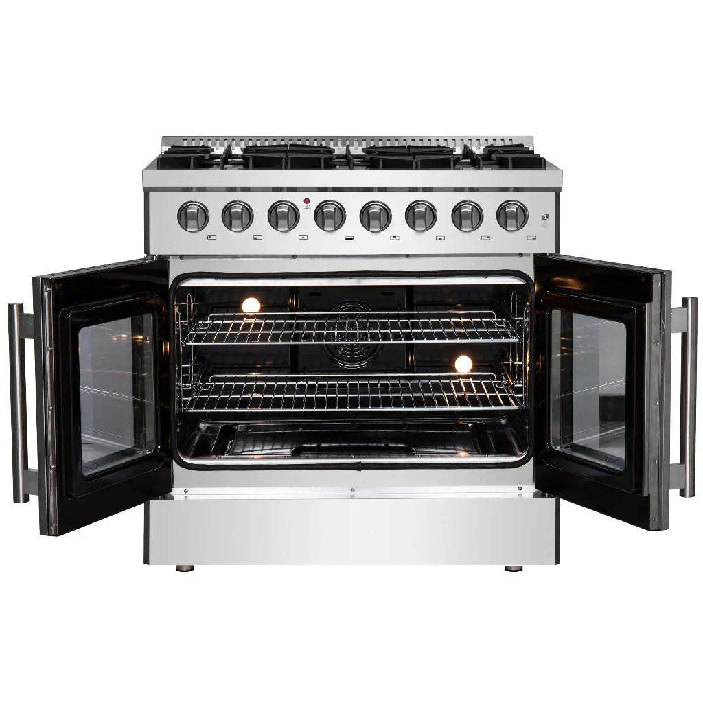 Forno Galiano 36-Inch Freestanding Dual Fuel Range with Gas Cooktop and Electric French Door Oven, 5.36 cu. ft., Stainless Steel (FFSGS6356-36)