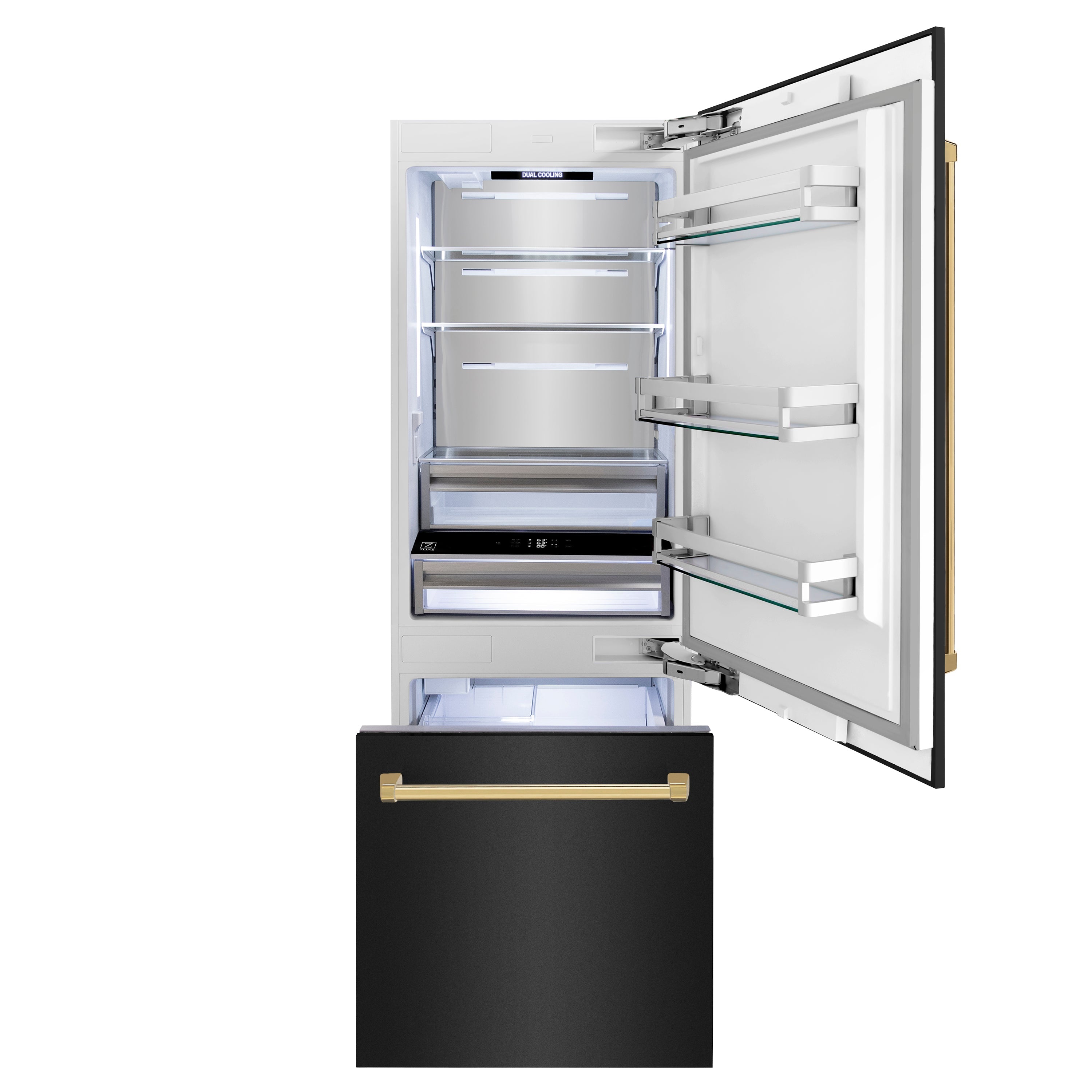 ZLINE 30 in. Built-In Refrigerator 16.1 cu. ft. Black Stainless Steel Internal Water & Ice Dispenser Gold Accents (RBIVZ-BS-30-G)