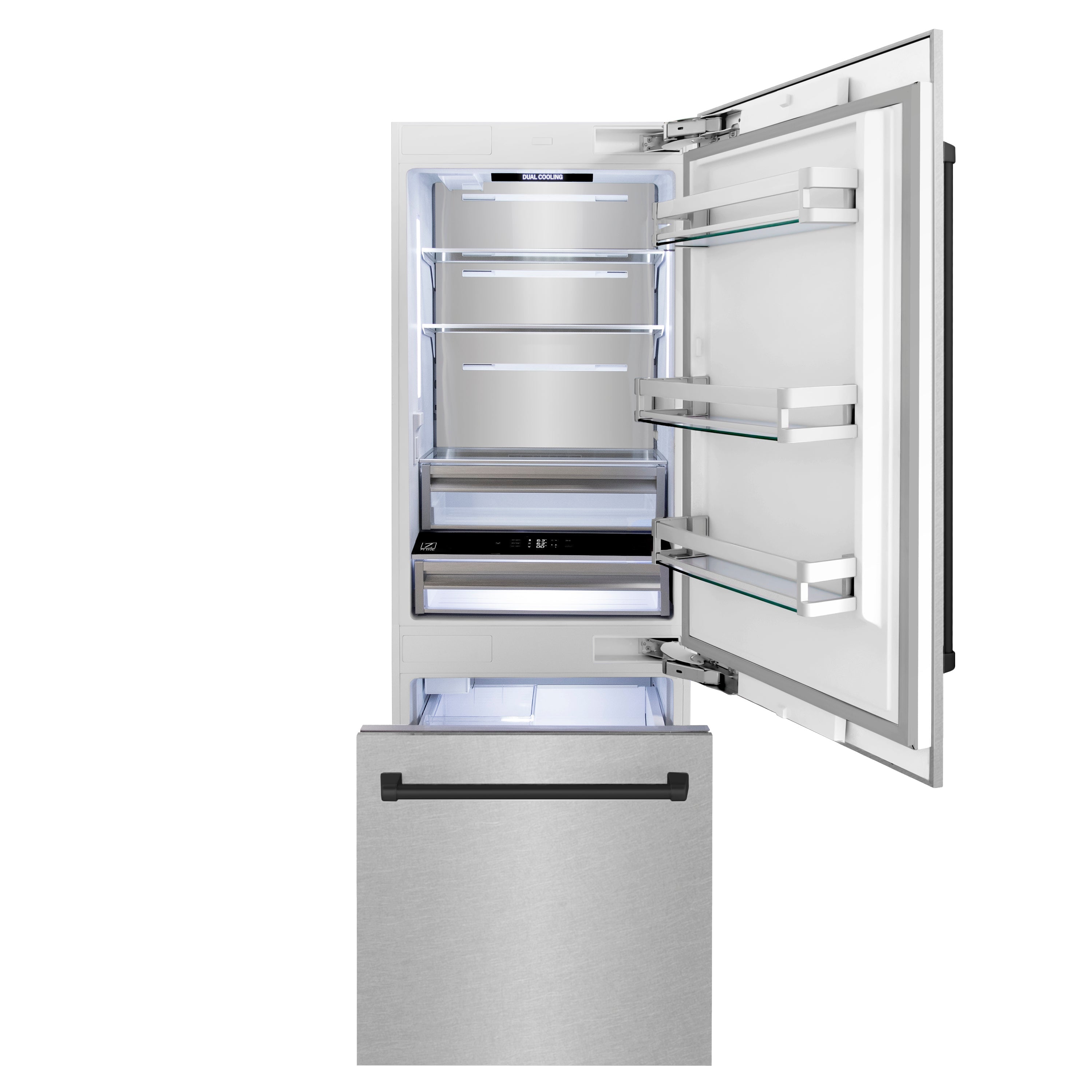ZLINE 30 in. Built-In Bottom Freezer Refrigerator 16.1 cu. ft. Water Dispenser Ice Maker Satin Stainless Steel Matte Black Accents (RBIVZ-SN-30-MB)