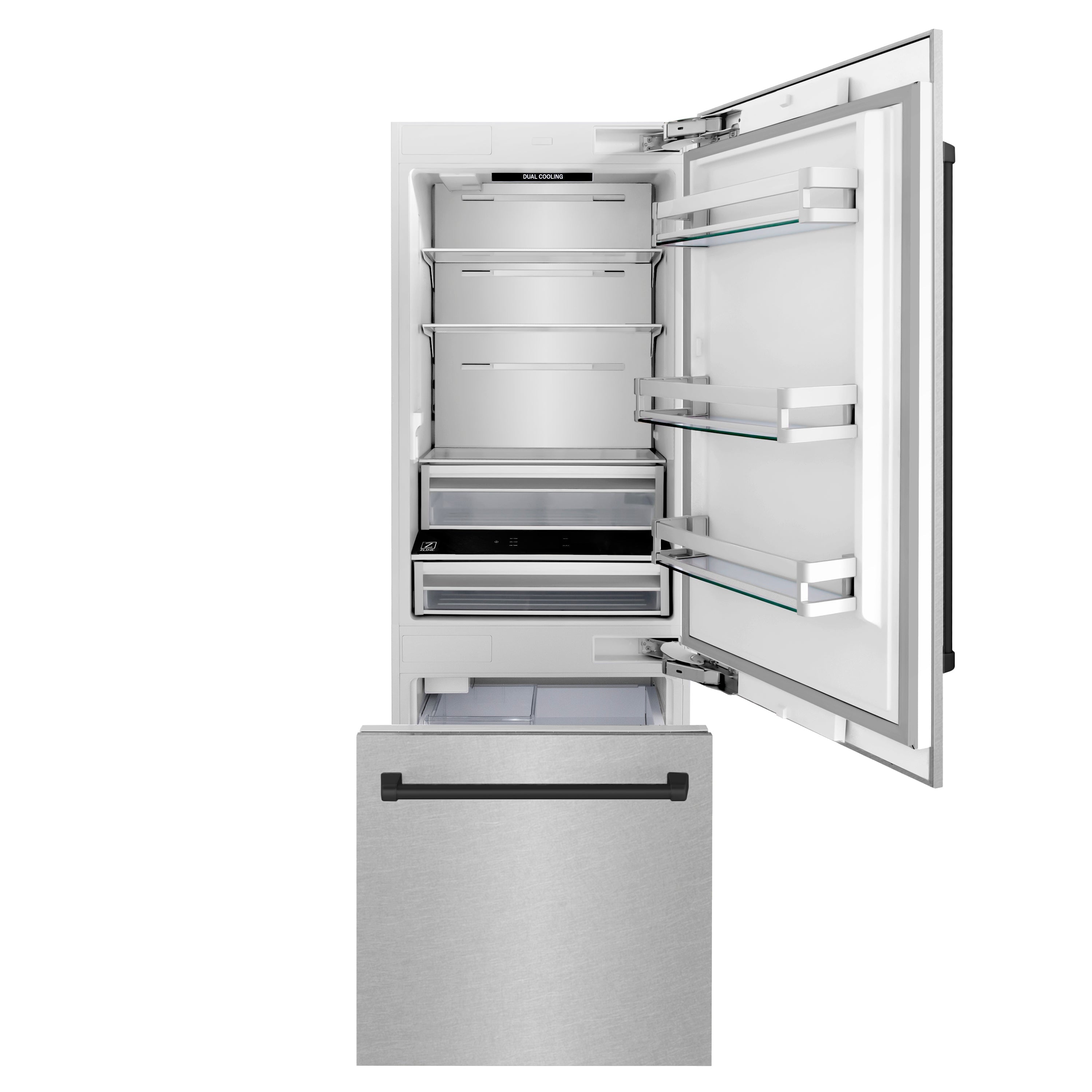 ZLINE 30 in. Built-In Bottom Freezer Refrigerator 16.1 cu. ft. Water Dispenser Ice Maker Satin Stainless Steel Matte Black Accents (RBIVZ-SN-30-MB)
