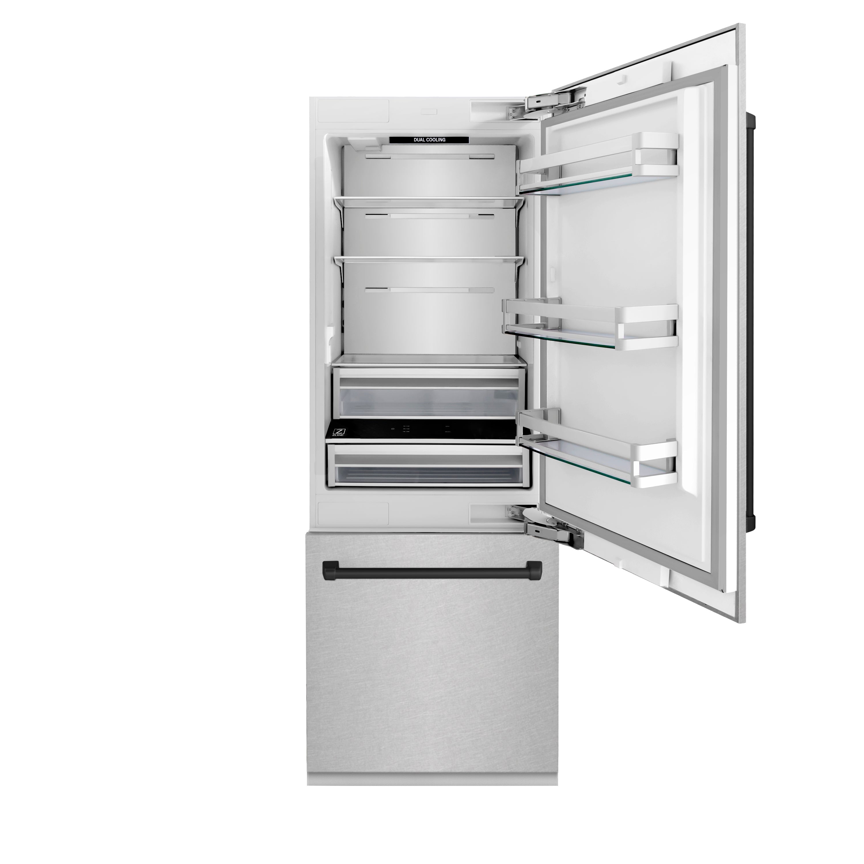 ZLINE 30 in. Built-In Bottom Freezer Refrigerator 16.1 cu. ft. Water Dispenser Ice Maker Satin Stainless Steel Matte Black Accents (RBIVZ-SN-30-MB)
