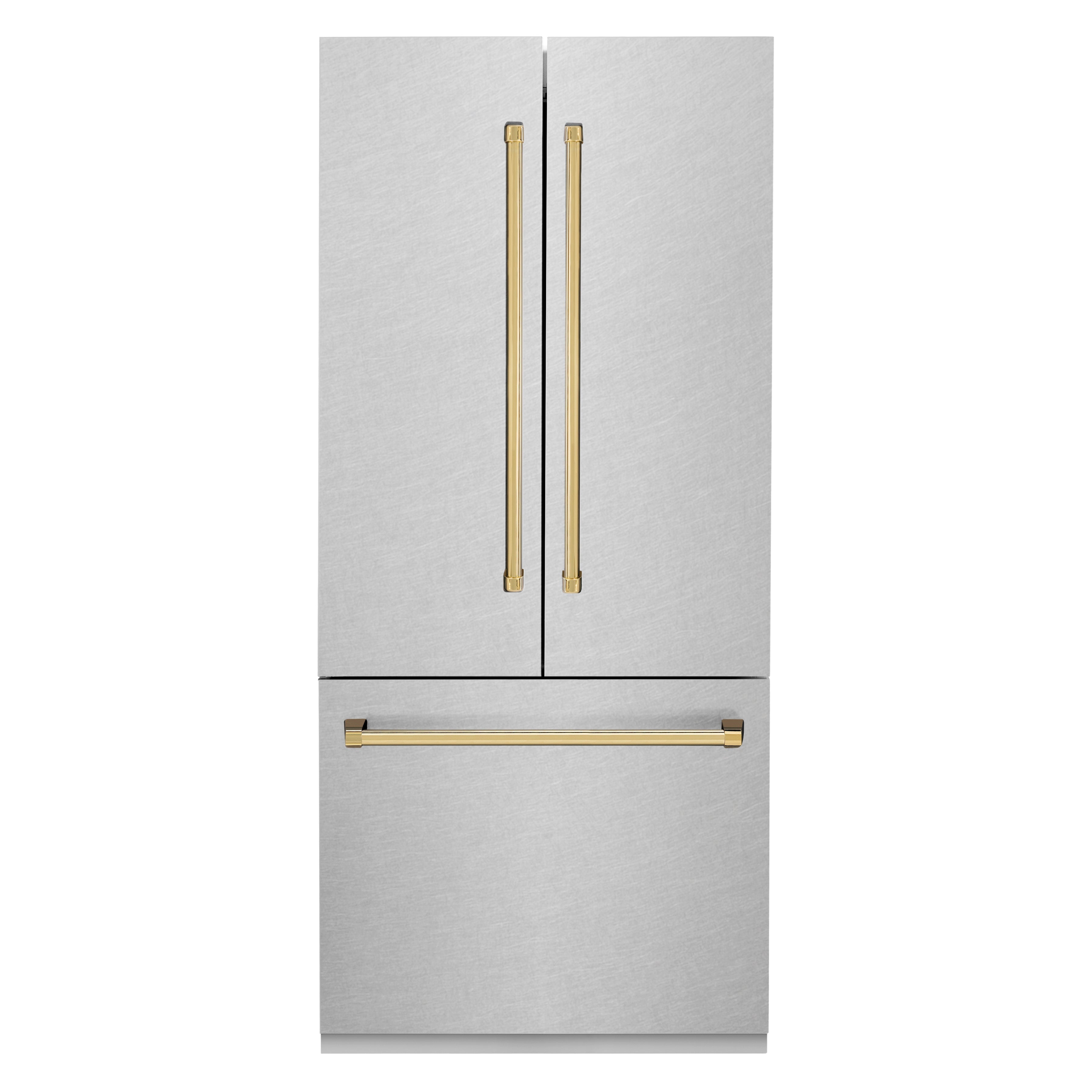 ZLINE 36 in French Door Built-In Bottom Freezer Refrigerator 19.6 cu. ft with Water Dispenser Ice Maker Satin Stainless Steel Polished Gold Accents (RBIVZ-SN-36-G)
