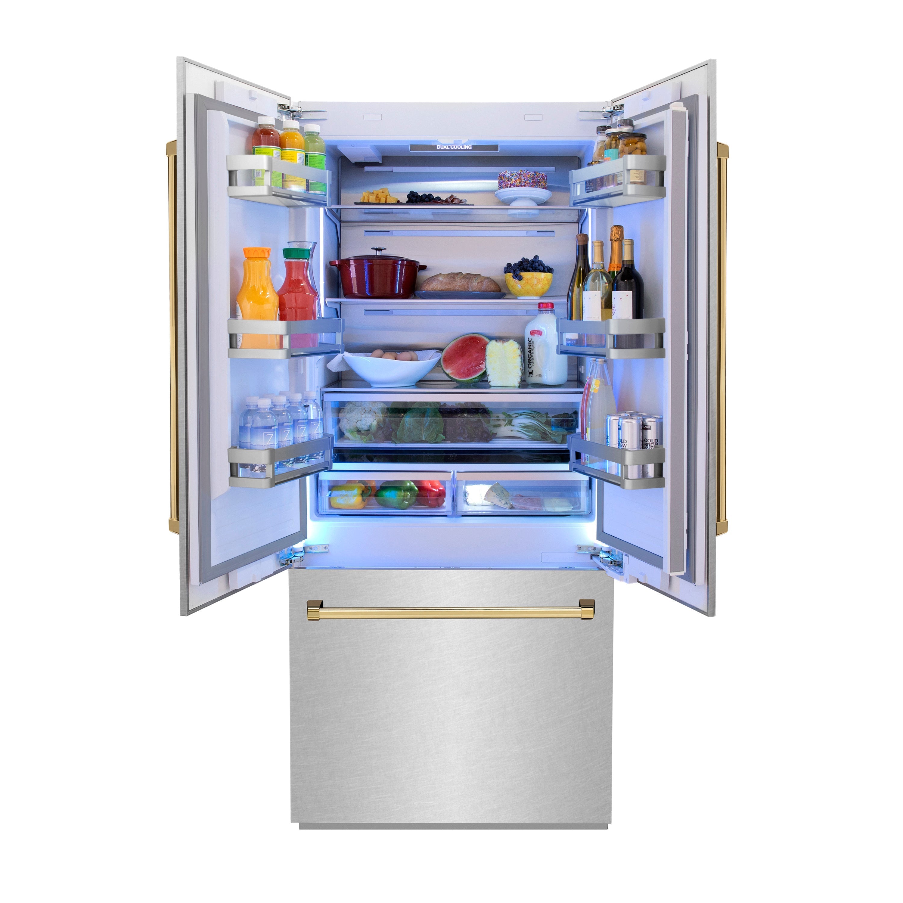 ZLINE 36 in French Door Built-In Bottom Freezer Refrigerator 19.6 cu. ft with Water Dispenser Ice Maker Satin Stainless Steel Polished Gold Accents (RBIVZ-SN-36-G)