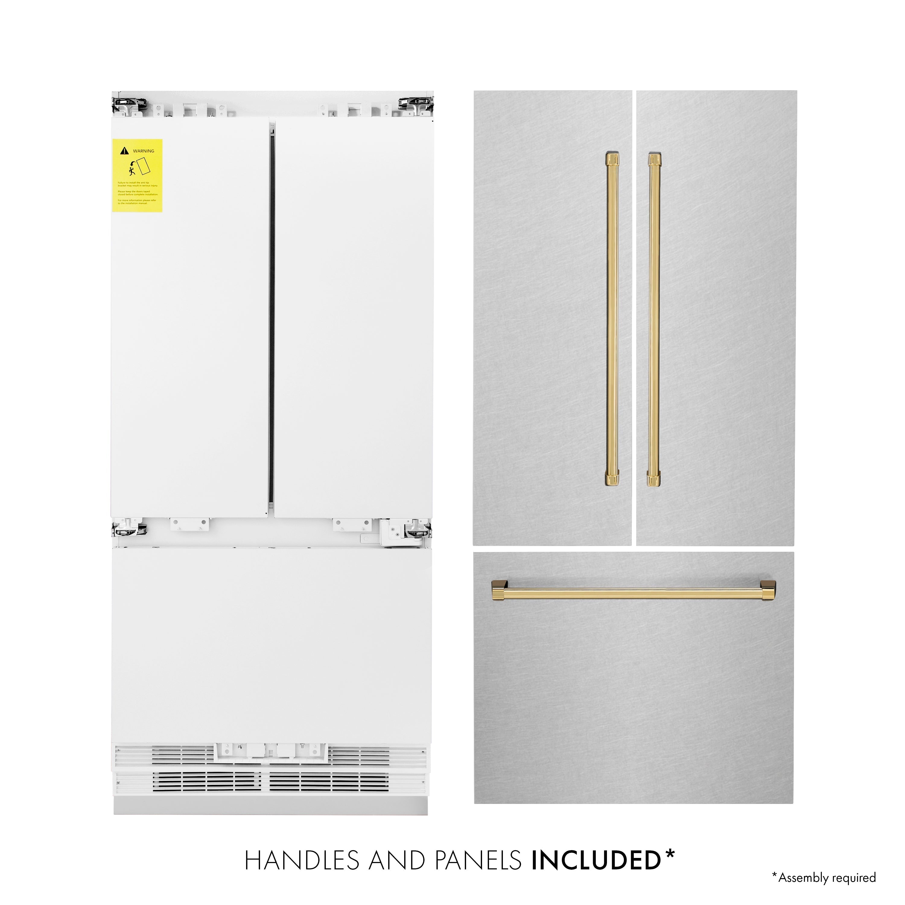 ZLINE 36 in French Door Built-In Bottom Freezer Refrigerator 19.6 cu. ft with Water Dispenser Ice Maker Satin Stainless Steel Polished Gold Accents (RBIVZ-SN-36-G)
