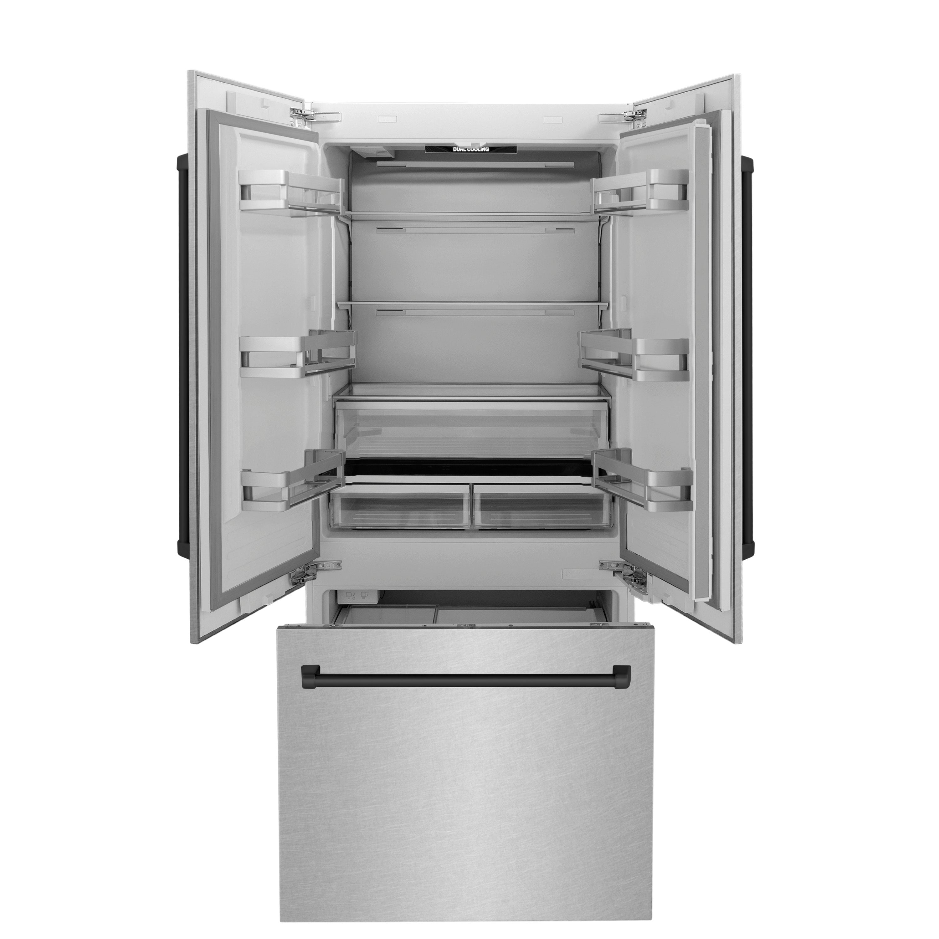 ZLINE 36 in. French Door Built-In Bottom Freezer Refrigerator 19.6 cu. ft. Satin Stainless Steel Matte Black Accents Water Dispenser Ice Maker (RBIVZ-SN-36-MB)