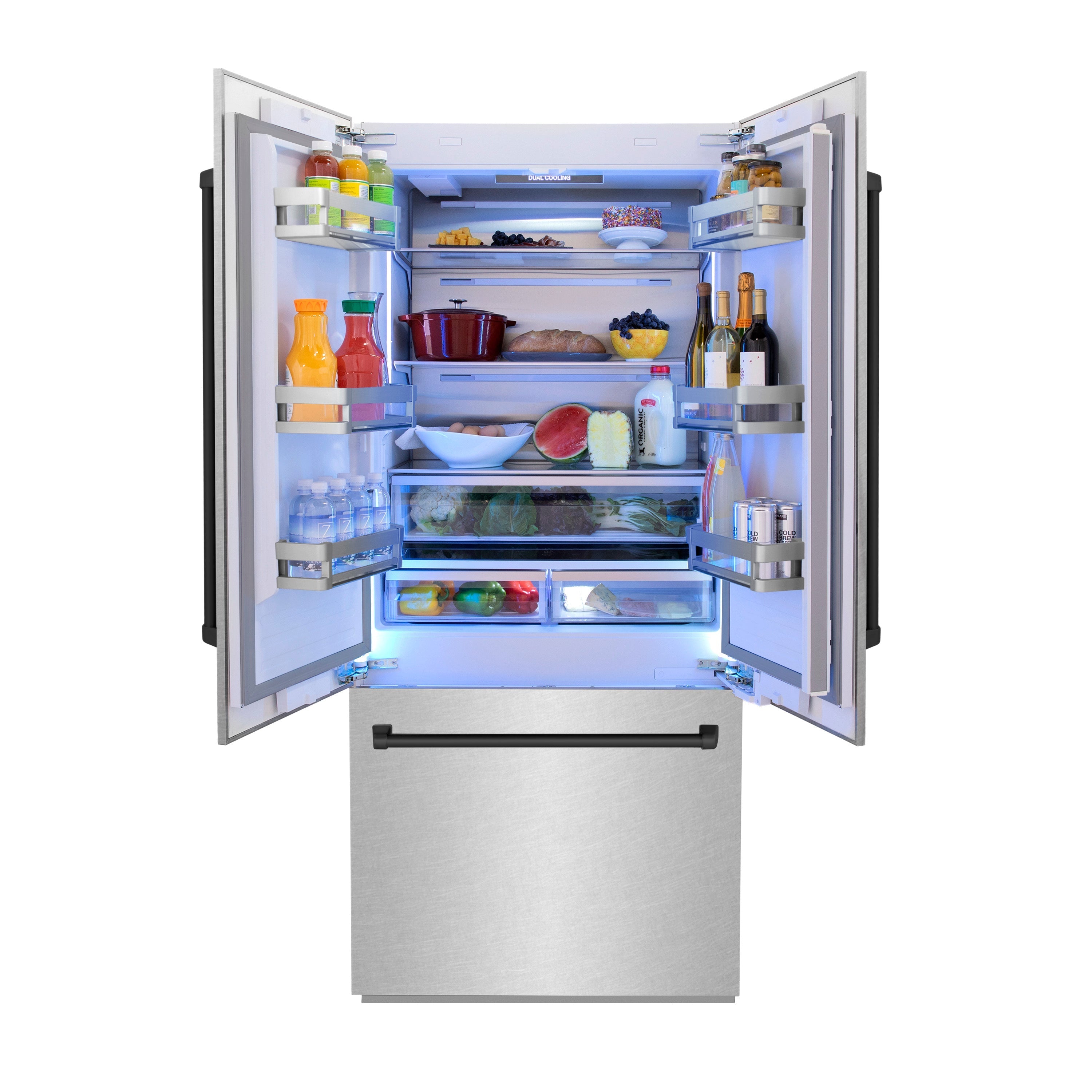 ZLINE 36 in. French Door Built-In Bottom Freezer Refrigerator 19.6 cu. ft. Satin Stainless Steel Matte Black Accents Water Dispenser Ice Maker (RBIVZ-SN-36-MB)