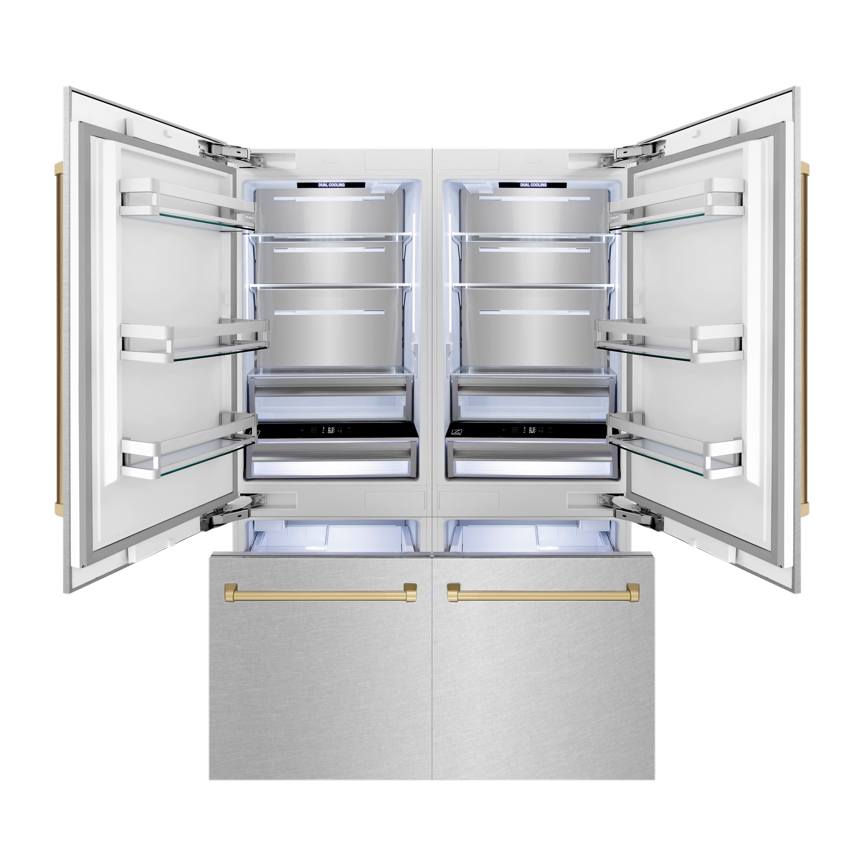 ZLINE 60 in. French Door Built-In Bottom Freezer Refrigerator 32.2 cu. ft. Water Dispenser Ice Maker Satin Stainless Steel Champagne Bronze Accents (RBIVZ-SN-60-CB)
