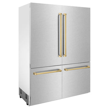 ZLINE 60-Inch French Door Built-In Refrigerator 32.2 cu. ft. Water Dispenser Ice Maker Satin Stainless Steel Polished Gold Accents (RBIVZ-SN-60-G)