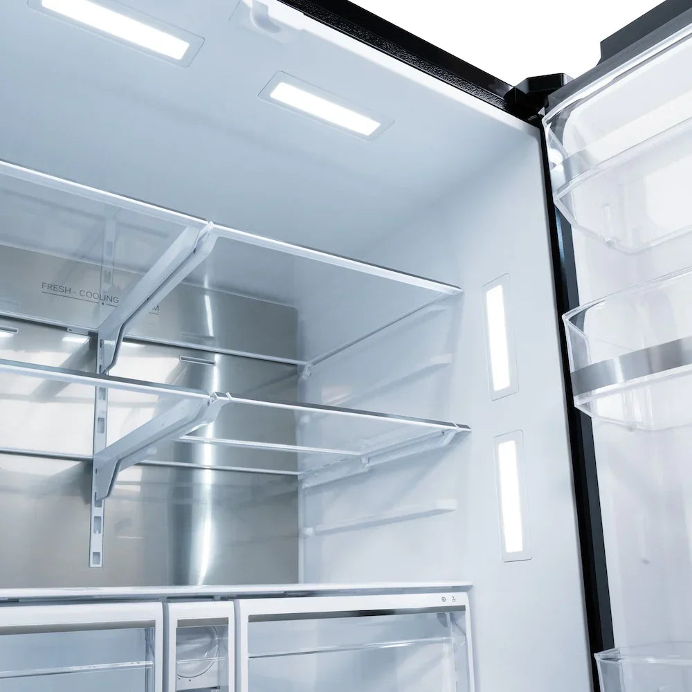 ZLINE 36" French Door Refrigerator 28.9 Cu. Ft. Standard-Depth with Water Dispenser, Dual Ice Maker, Black Finish, Gold Handles (RSMZ-W-36-BS-G)