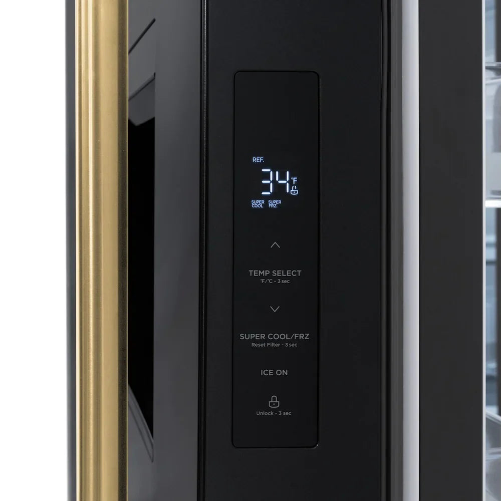 ZLINE 36" French Door Refrigerator 28.9 Cu. Ft. Standard-Depth with Water Dispenser, Dual Ice Maker, Black Finish, Gold Handles (RSMZ-W-36-BS-G)