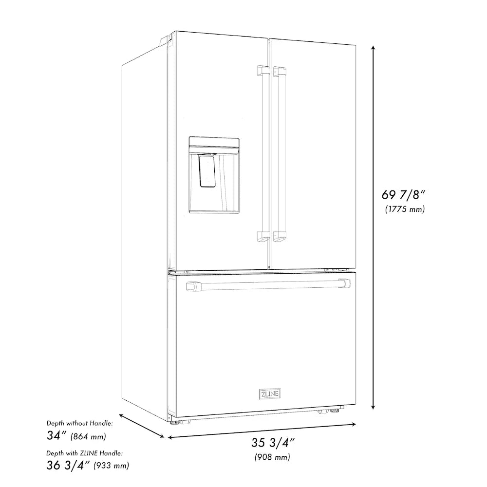 ZLINE 36" French Door Refrigerator 28.9 Cu. Ft. Standard-Depth with Water Dispenser, Dual Ice Maker, Black Finish, Gold Handles (RSMZ-W-36-BS-G)