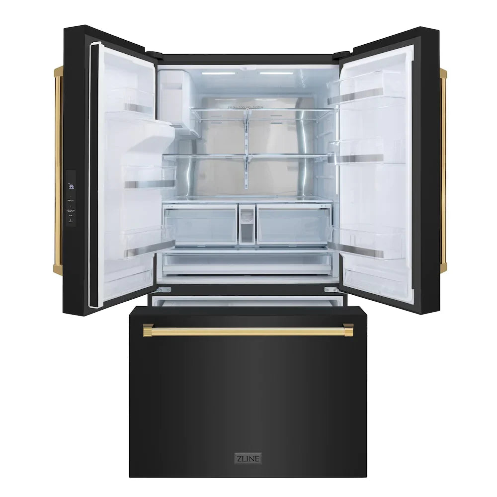 ZLINE 36" French Door Refrigerator 28.9 Cu. Ft. Standard-Depth with Water Dispenser, Dual Ice Maker, Black Finish, Gold Handles (RSMZ-W-36-BS-G)