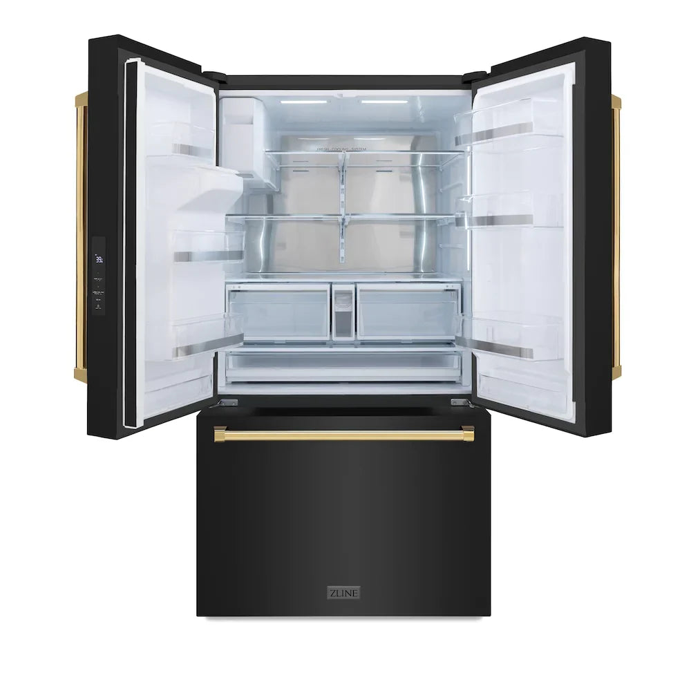 ZLINE 36" French Door Refrigerator 28.9 Cu. Ft. Standard-Depth with Water Dispenser, Dual Ice Maker, Black Finish, Gold Handles (RSMZ-W-36-BS-G)