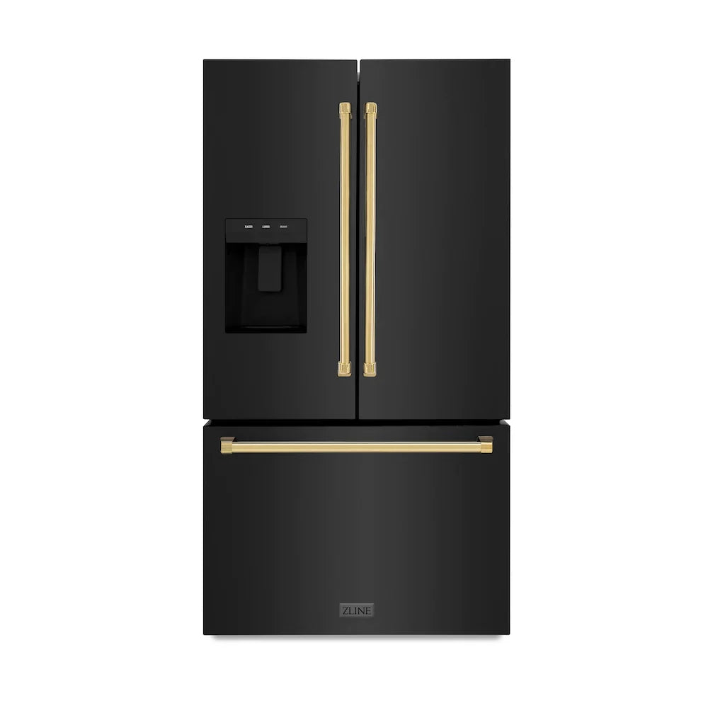ZLINE 36" French Door Refrigerator 28.9 Cu. Ft. Standard-Depth with Water Dispenser, Dual Ice Maker, Black Finish, Gold Handles (RSMZ-W-36-BS-G)