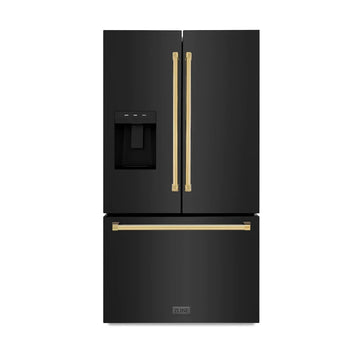 ZLINE 36" French Door Refrigerator 28.9 Cu. Ft. Standard-Depth with Water Dispenser, Dual Ice Maker, Black Finish, Gold Handles (RSMZ-W-36-BS-G)