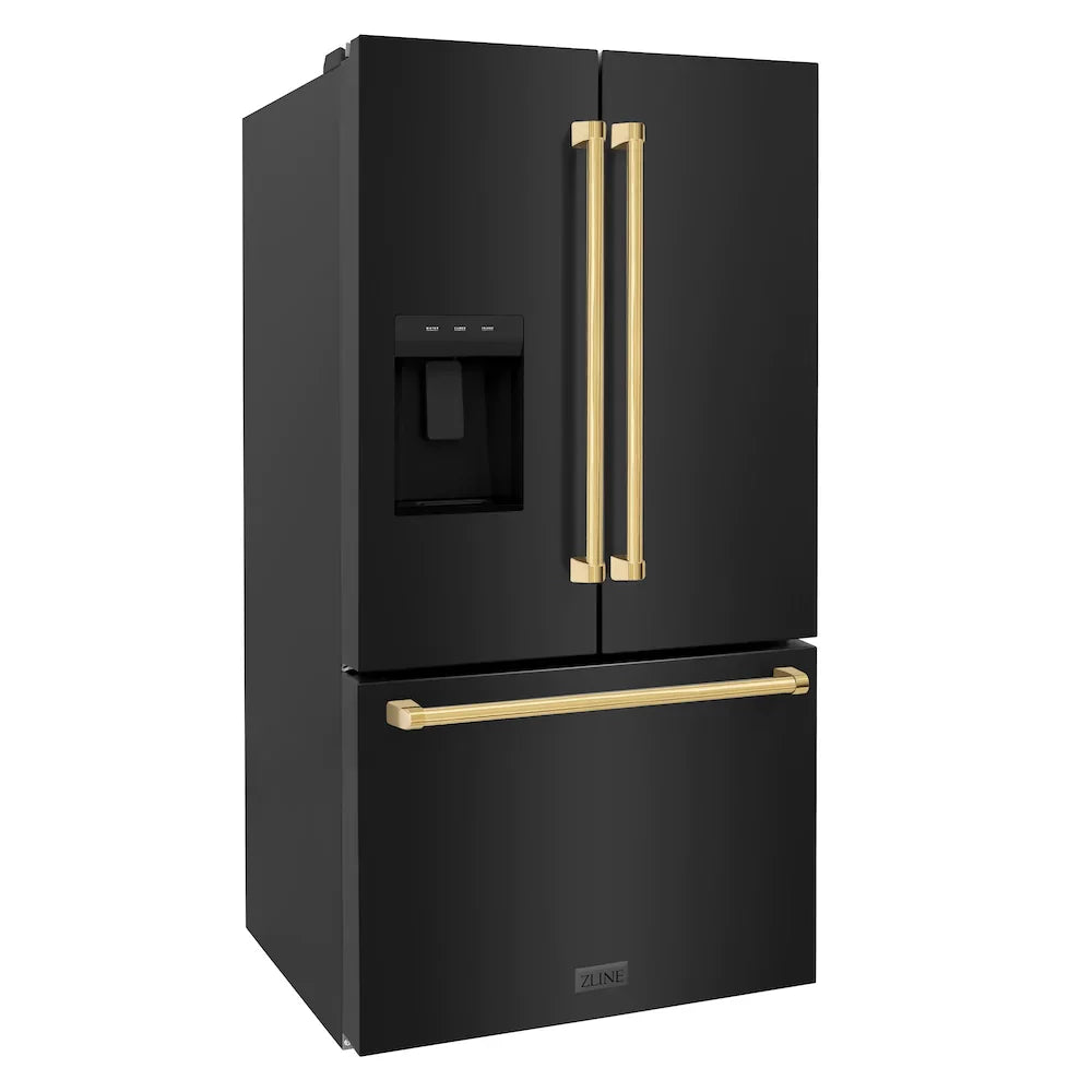 ZLINE 36" French Door Refrigerator 28.9 Cu. Ft. Standard-Depth with Water Dispenser, Dual Ice Maker, Black Finish, Gold Handles (RSMZ-W-36-BS-G)