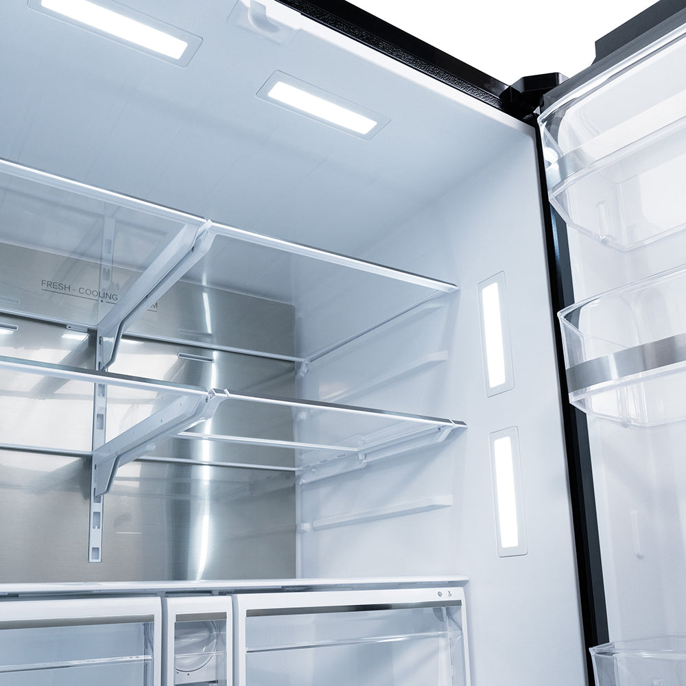ZLINE 36 in. French Door Refrigerator 28.9 cu. ft. Standard-Depth, External Water Dispenser, Dual Ice Maker, Fingerprint-Resistant Black Stainless Steel, Polished Gold Helix Handles (RSMZ-W-36-BS-KG)