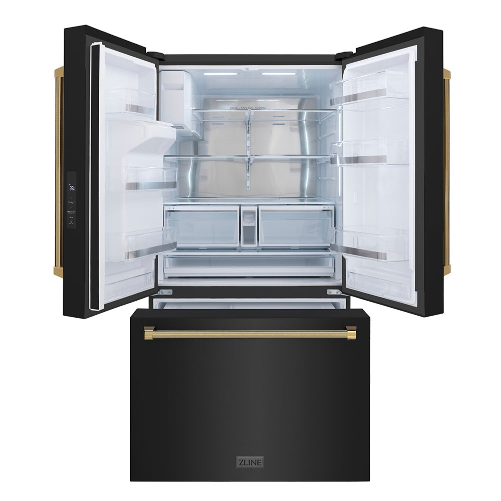 ZLINE 36 in. French Door Refrigerator 28.9 cu. ft. Standard-Depth, External Water Dispenser, Dual Ice Maker, Fingerprint-Resistant Black Stainless Steel, Polished Gold Helix Handles (RSMZ-W-36-BS-KG)