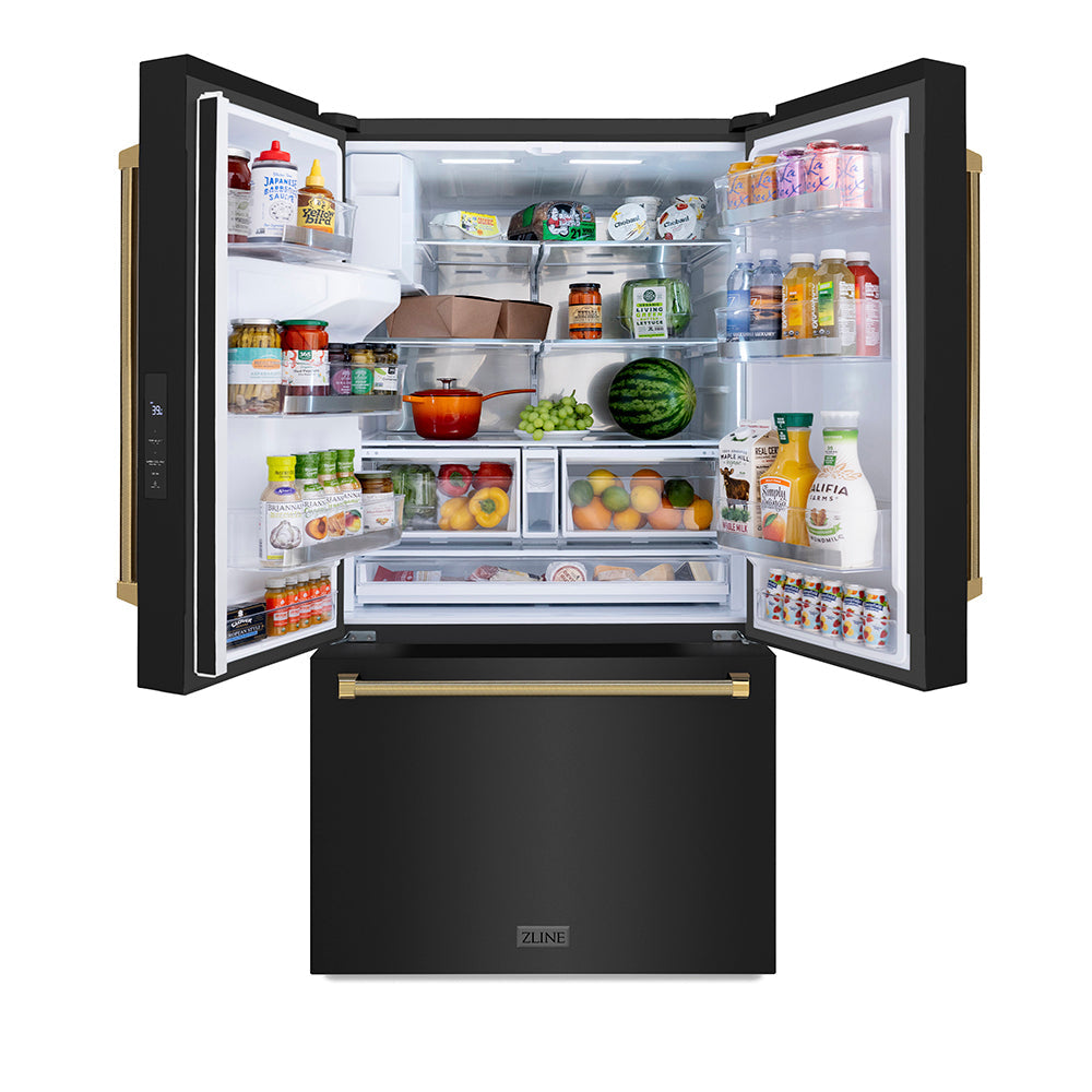 ZLINE 36 in. French Door Refrigerator 28.9 cu. ft. Standard-Depth, External Water Dispenser, Dual Ice Maker, Fingerprint-Resistant Black Stainless Steel, Polished Gold Helix Handles (RSMZ-W-36-BS-KG)