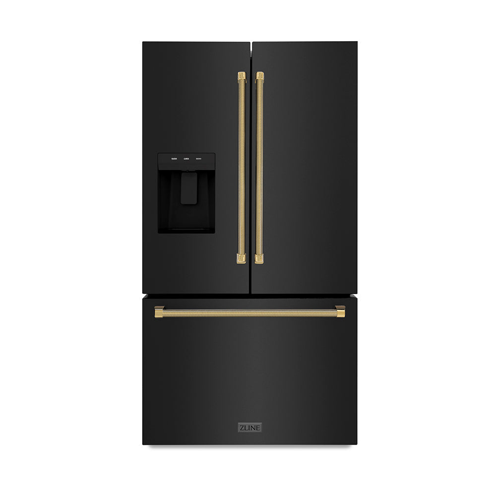 ZLINE 36 in. French Door Refrigerator 28.9 cu. ft. Standard-Depth, External Water Dispenser, Dual Ice Maker, Fingerprint-Resistant Black Stainless Steel, Polished Gold Helix Handles (RSMZ-W-36-BS-KG)