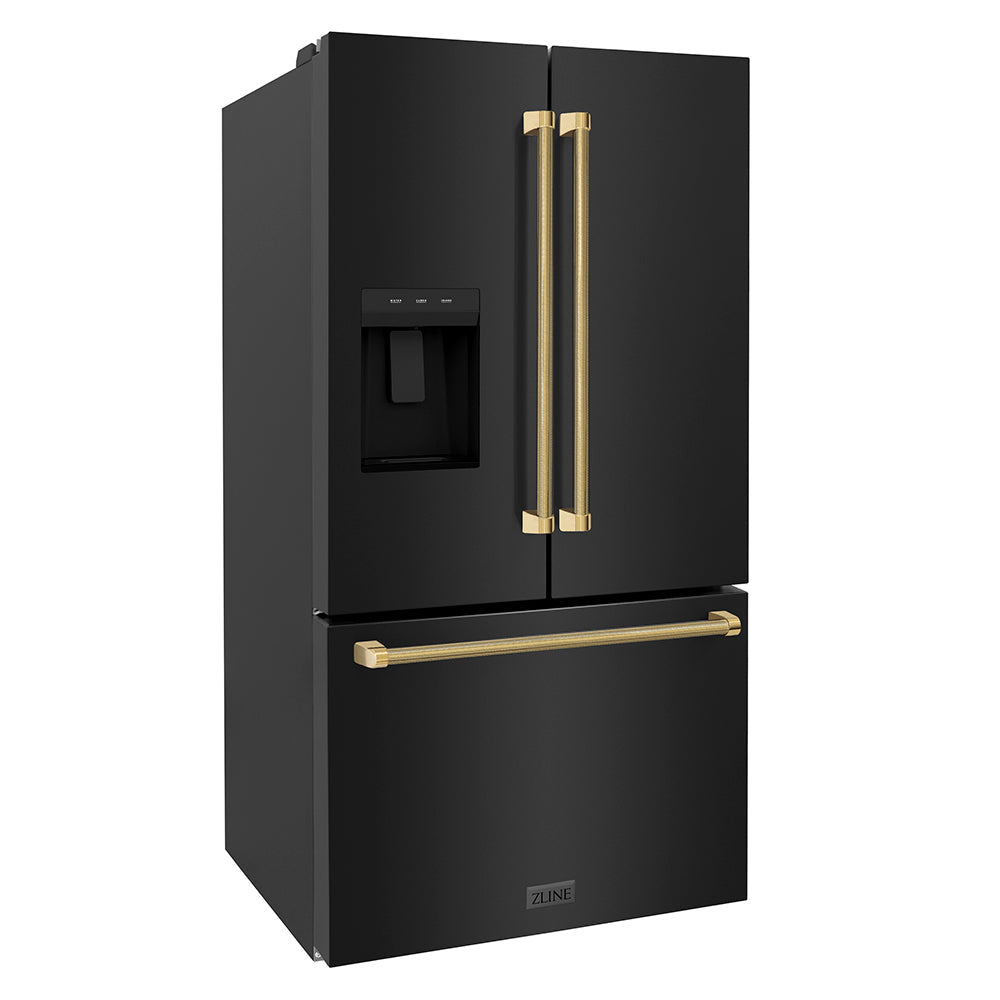ZLINE 36 in. French Door Refrigerator 28.9 cu. ft. Standard-Depth, External Water Dispenser, Dual Ice Maker, Fingerprint-Resistant Black Stainless Steel, Polished Gold Helix Handles (RSMZ-W-36-BS-KG)