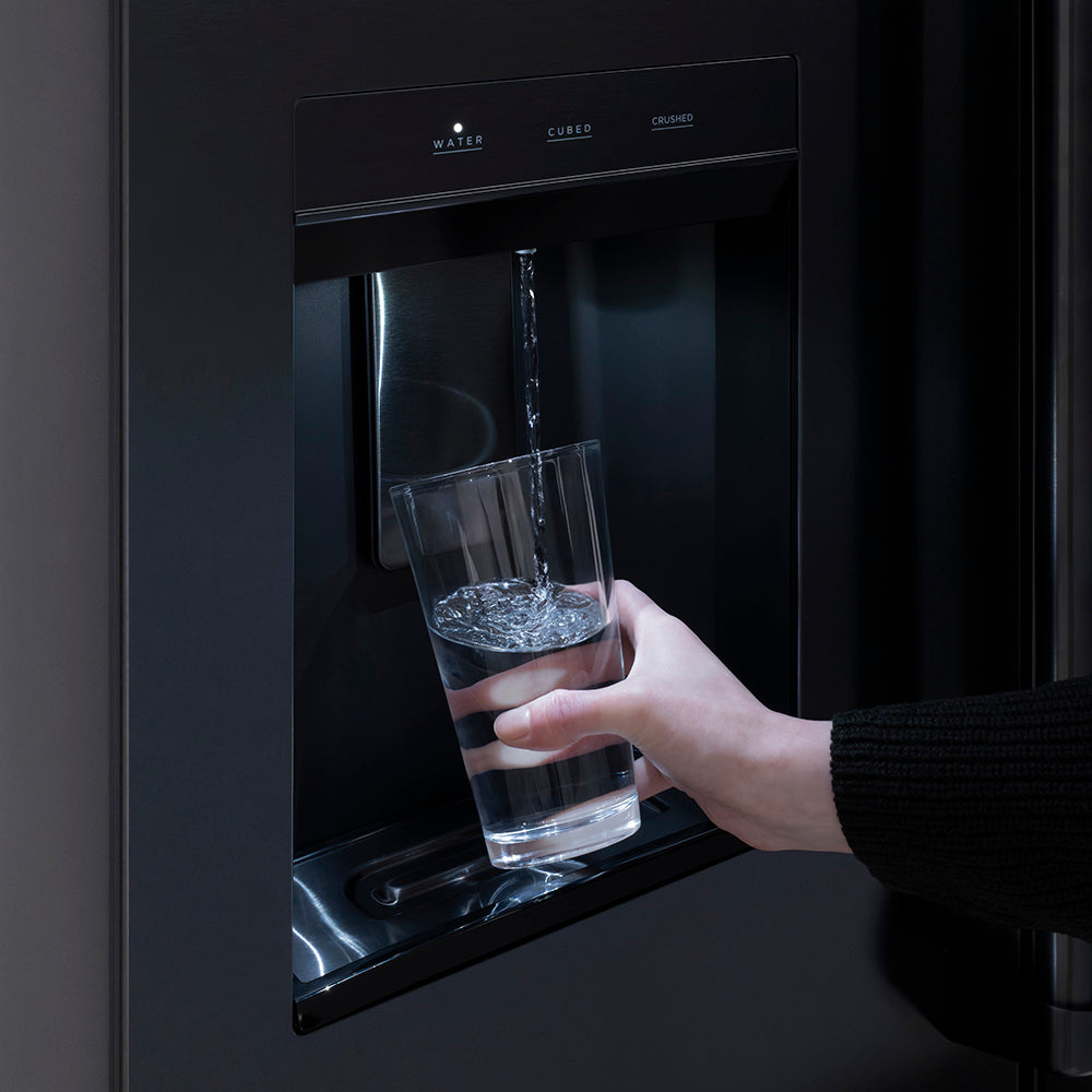 ZLINE 36 in. French Door Refrigerator 28.9 cu. ft. Standard-Depth, External Water Dispenser, Dual Ice Maker, Fingerprint-Resistant Black Stainless Steel, Polished Gold Helix Handles (RSMZ-W-36-BS-KG)
