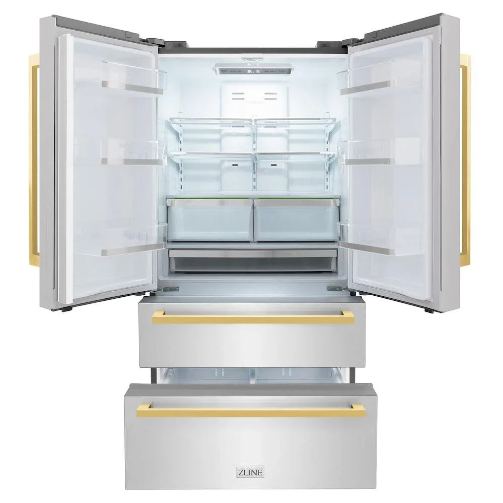 ZLINE 36-Inch Refrigerator 22.5 Cu. Ft. Stainless Steel Ice Maker Gold Square Handles (RFMZ-36-FG)