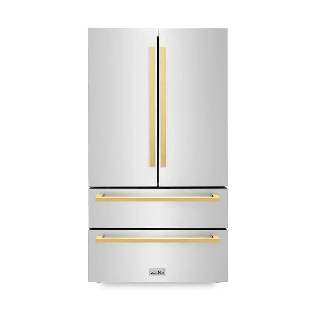 ZLINE 36-Inch Refrigerator 22.5 Cu. Ft. Stainless Steel Ice Maker Gold Square Handles (RFMZ-36-FG)