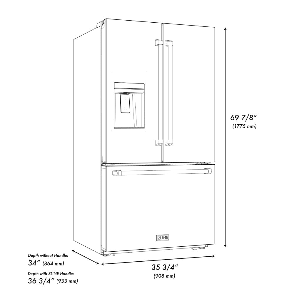 ZLINE 36 in. French Door Refrigerator 28.9 cu. ft. Standard-Depth External Water Dispenser Dual Ice Maker Fingerprint-Resistant Stainless Steel with Polished Gold Helix Handles (RSMZ-W-36-KG)