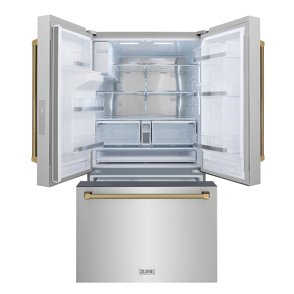 ZLINE 36 in. French Door Refrigerator 28.9 cu. ft. Standard-Depth External Water Dispenser Dual Ice Maker Fingerprint-Resistant Stainless Steel with Polished Gold Helix Handles (RSMZ-W-36-KG)