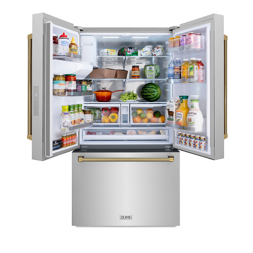 ZLINE 36 in. French Door Refrigerator 28.9 cu. ft. Standard-Depth External Water Dispenser Dual Ice Maker Fingerprint-Resistant Stainless Steel with Polished Gold Helix Handles (RSMZ-W-36-KG)