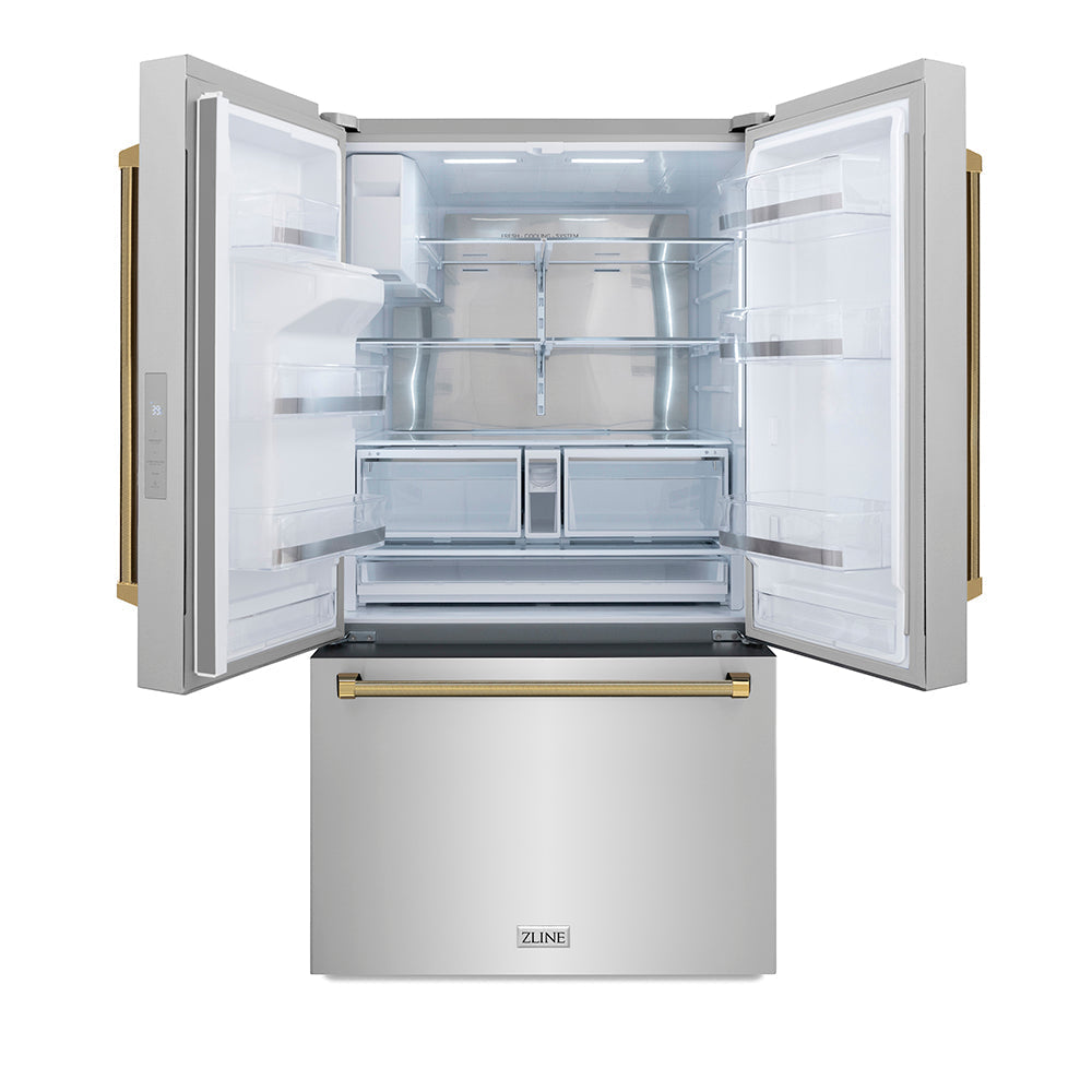 ZLINE 36 in. French Door Refrigerator 28.9 cu. ft. Standard-Depth External Water Dispenser Dual Ice Maker Fingerprint-Resistant Stainless Steel with Polished Gold Helix Handles (RSMZ-W-36-KG)