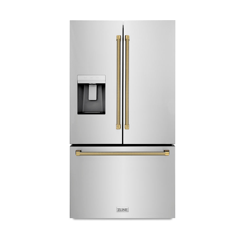 ZLINE 36 in. French Door Refrigerator 28.9 cu. ft. Standard-Depth External Water Dispenser Dual Ice Maker Fingerprint-Resistant Stainless Steel with Polished Gold Helix Handles (RSMZ-W-36-KG)