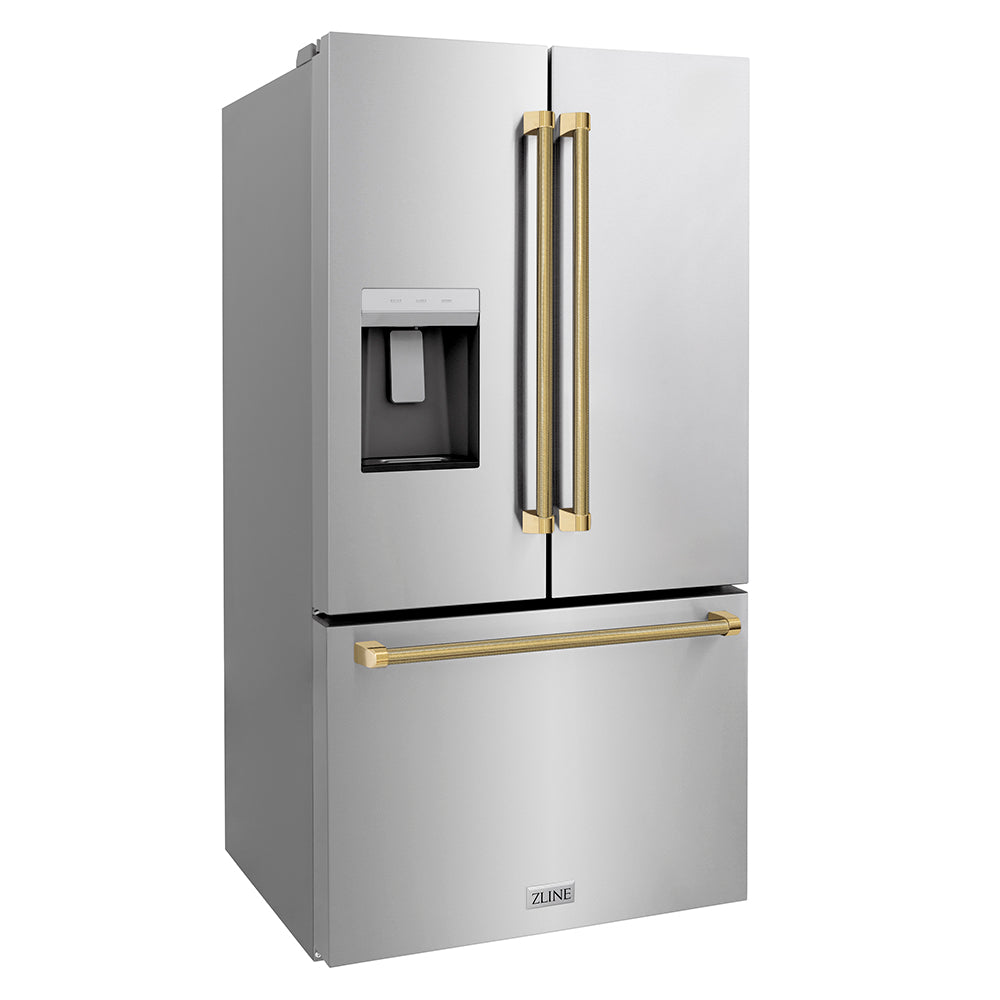 ZLINE 36 in. French Door Refrigerator 28.9 cu. ft. Standard-Depth External Water Dispenser Dual Ice Maker Fingerprint-Resistant Stainless Steel with Polished Gold Helix Handles (RSMZ-W-36-KG)